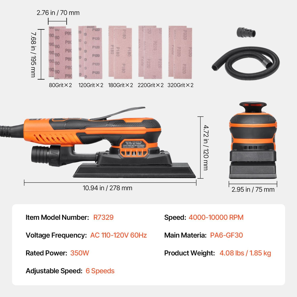 Sheet Sander, 3/8 Sheet 3A EC Brushless Sander, Max. 10000RPM Variable Speed Sheet Finishing Sander with 10PCS Sandpapers and Vacuum Cleaner Adapter for Woodworking