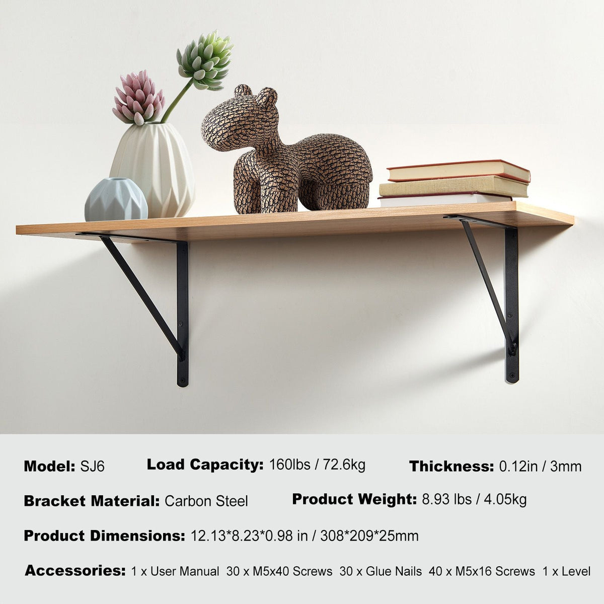 Shelf Bracket, 12 x 8 in 10 Pcs, Heavy Duty Floating Shelf Brackets, Brackets for Shelves, 3mm Thick Matte Black Triangle Shelf Bracket,Steel Shelving Brackets with 160 lbs Load Capacity
