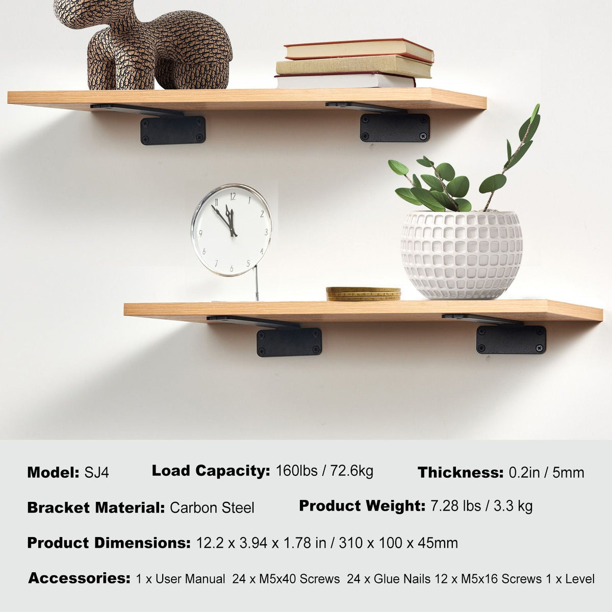 Shelf Bracket, 12'L x 4'W x 1.6'H 6 Pcs, Heavy Duty Floating Shelf Brackets, Brackets for Shelves, 5mm Thick Matte Black L Shelf Bracket,Steel Shelving Brackets with 160 lbs Load Capacity