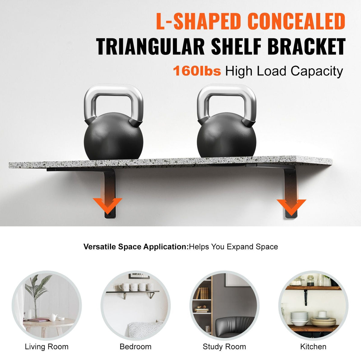 Shelf Bracket, 16 x 6 in 4 Pcs, Heavy Duty Floating Shelf Brackets, Brackets for Shelves, 10mm Thick Matte Black L Shelf Bracket,Steel Shelving Brackets with 160 lbs Load Capacity