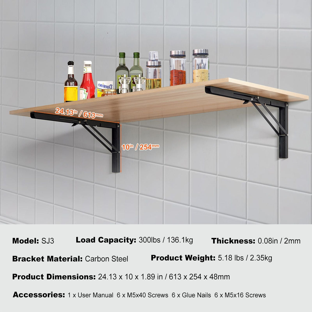 Shelf Bracket Foldable, 24' L 2 Pcs , Heavy Duty Floating Shelf Brackets, Brackets for Shelves, 5mm Thick Matte Black L Shelf Bracket,Steel Shelving Brackets with 300 lbs Load Capacity