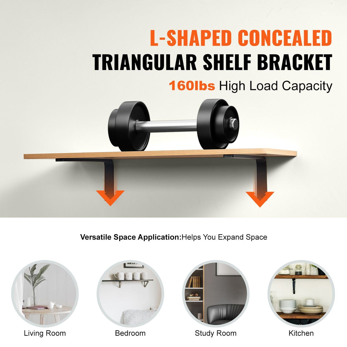 Shelf Bracket, Heavy Duty Floating Shelf Brackets 10 x 6 in, 4 Pcs Brackets for Shelves, 5mm Thick Matte Black L Shelf Bracket,Steel Shelving Brackets with 160 lbs Load Capacity