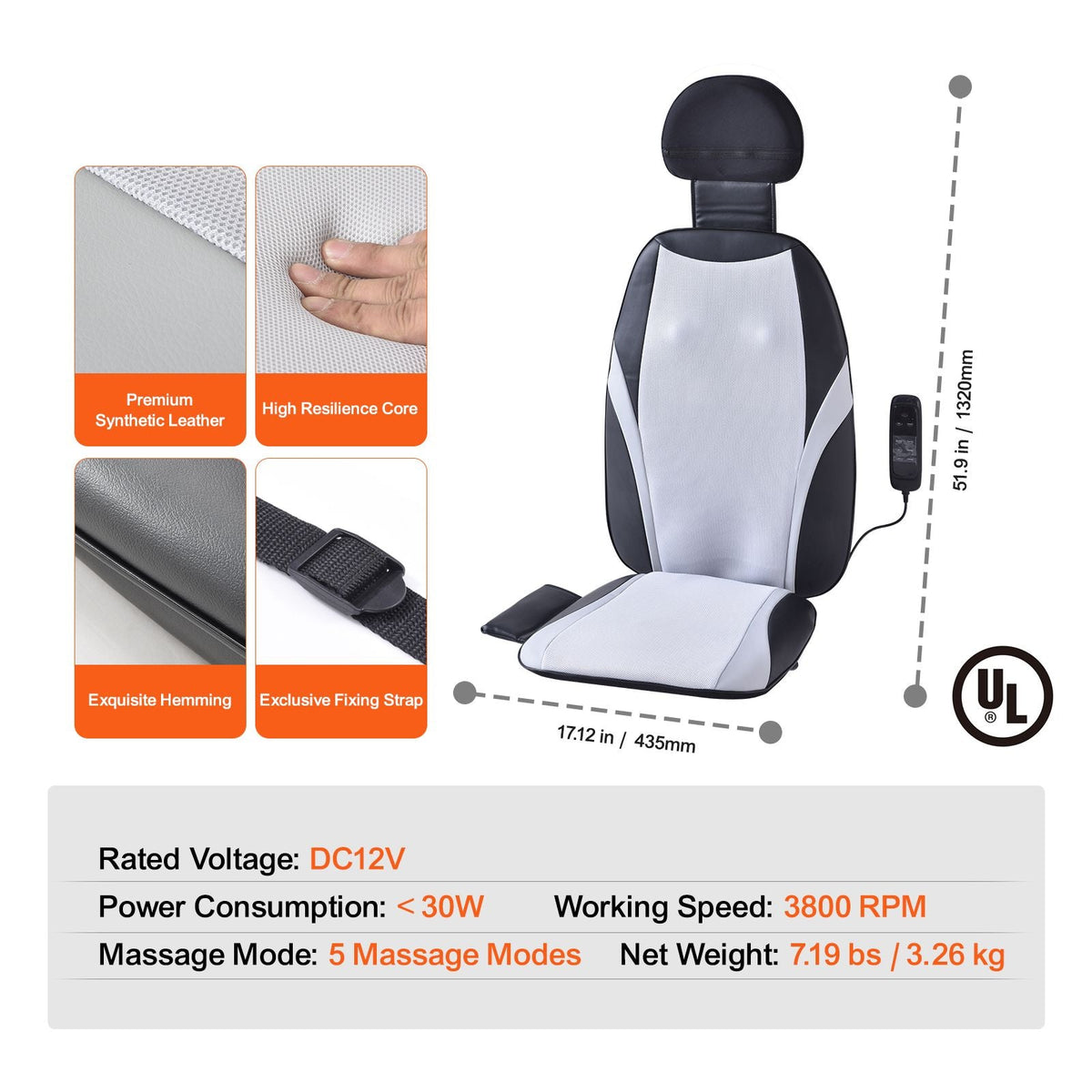 Shiatsu Back Massager with Heat, Massage Seat Cushion with 2-Group Back Shiatsu Rollers and 2 Seat Vibration Motors, Fatigue Relief Seat Massage Chair Pad with 5 Vibration Modes for Home Office