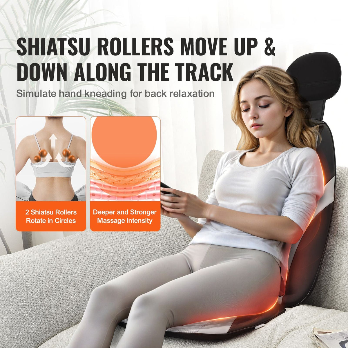 Shiatsu Back Massager with Heat, Massage Seat Cushion with 2-Group Back Shiatsu Rollers and 2 Seat Vibration Motors, Fatigue Relief Seat Massage Chair Pad with 5 Vibration Modes for Home Office