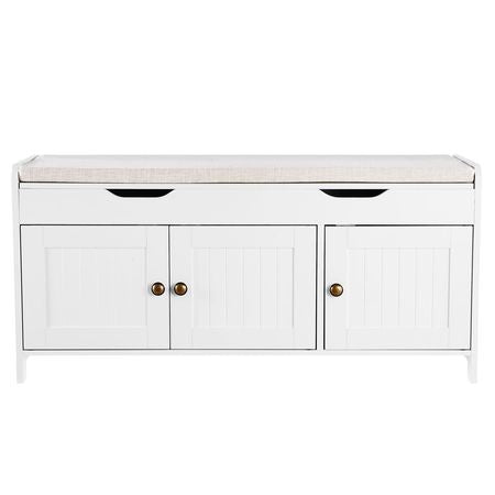 Shoe Bench, 41.3 x 13.8 x 19.8 Inch Entryway Bench with Lift Top Storage and Seat Cushion, 250lbs Shoe Rack with 3 Cabinets and Height Adjustable Shelf, for Bedroom, Hallway, White + Black