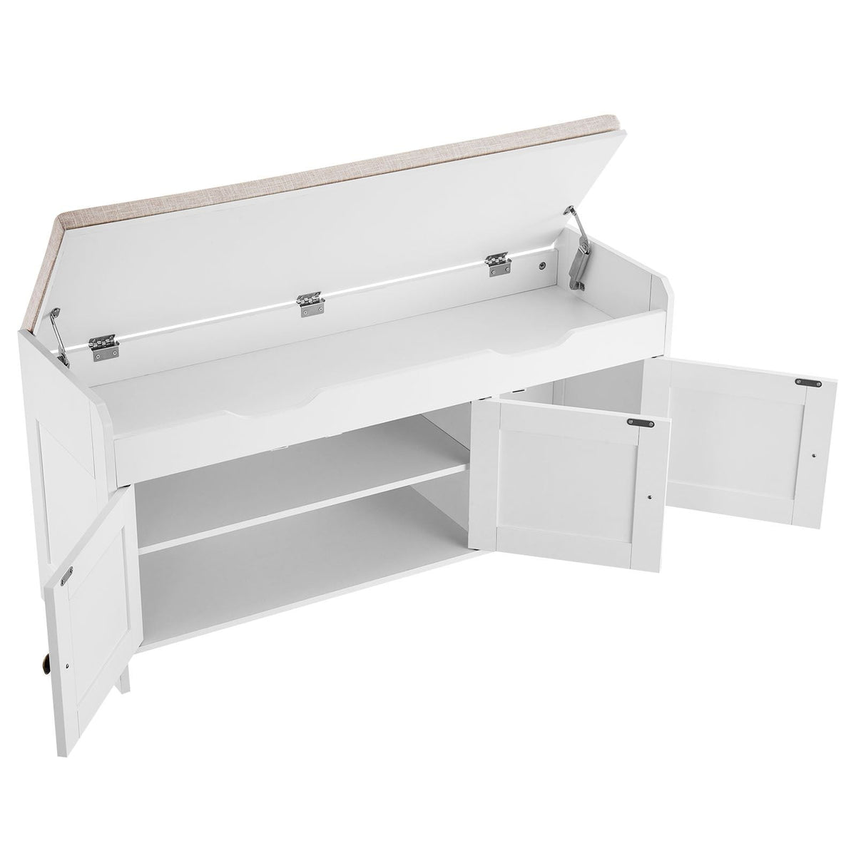 Shoe Bench, 41.3 x 13.8 x 19.8 Inch Entryway Bench with Lift Top Storage and Seat Cushion, 250lbs Shoe Rack with 3 Cabinets and Height Adjustable Shelf, for Bedroom, Hallway, White + Black
