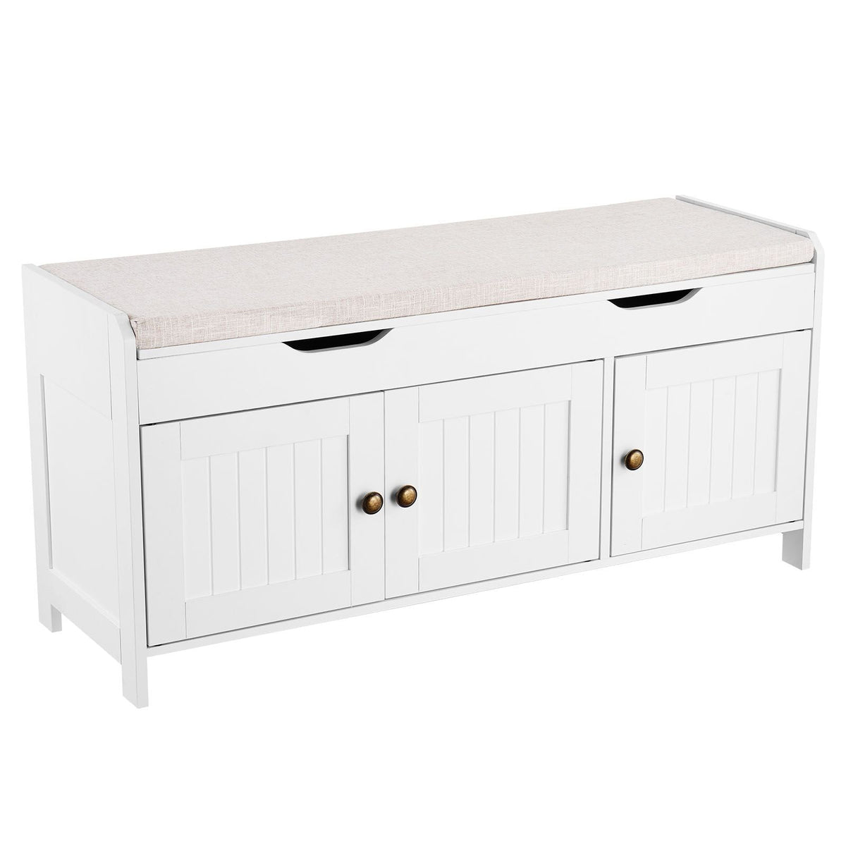 Shoe Bench, 41.3 x 13.8 x 19.8 Inch Entryway Bench with Lift Top Storage and Seat Cushion, 250lbs Shoe Rack with 3 Cabinets and Height Adjustable Shelf, for Bedroom, Hallway, White + Black