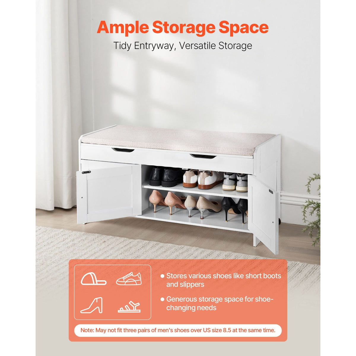 Shoe Bench, 41.3 x 13.8 x 19.8 Inch Entryway Bench with Lift Top Storage and Seat Cushion, 250lbs Shoe Rack with 3 Cabinets and Height Adjustable Shelf, for Bedroom, Hallway, White + Black