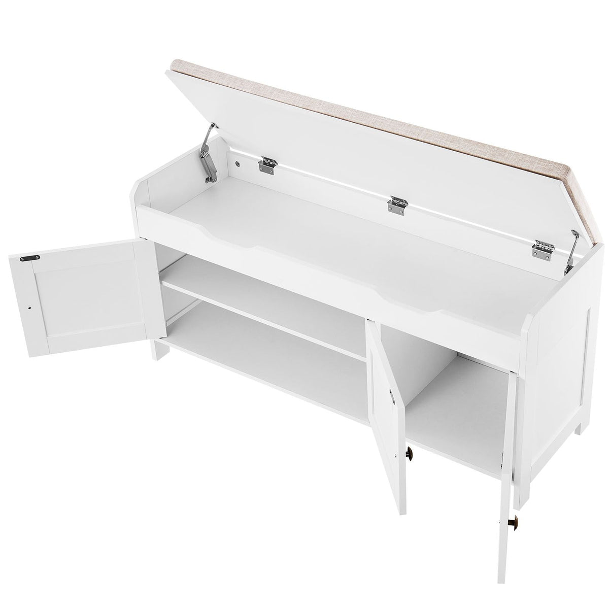 Shoe Bench, 41.3 x 13.8 x 19.8 Inch Entryway Bench with Lift Top Storage and Seat Cushion, 250lbs Shoe Rack with 3 Cabinets and Height Adjustable Shelf, for Bedroom, Hallway, White + Black