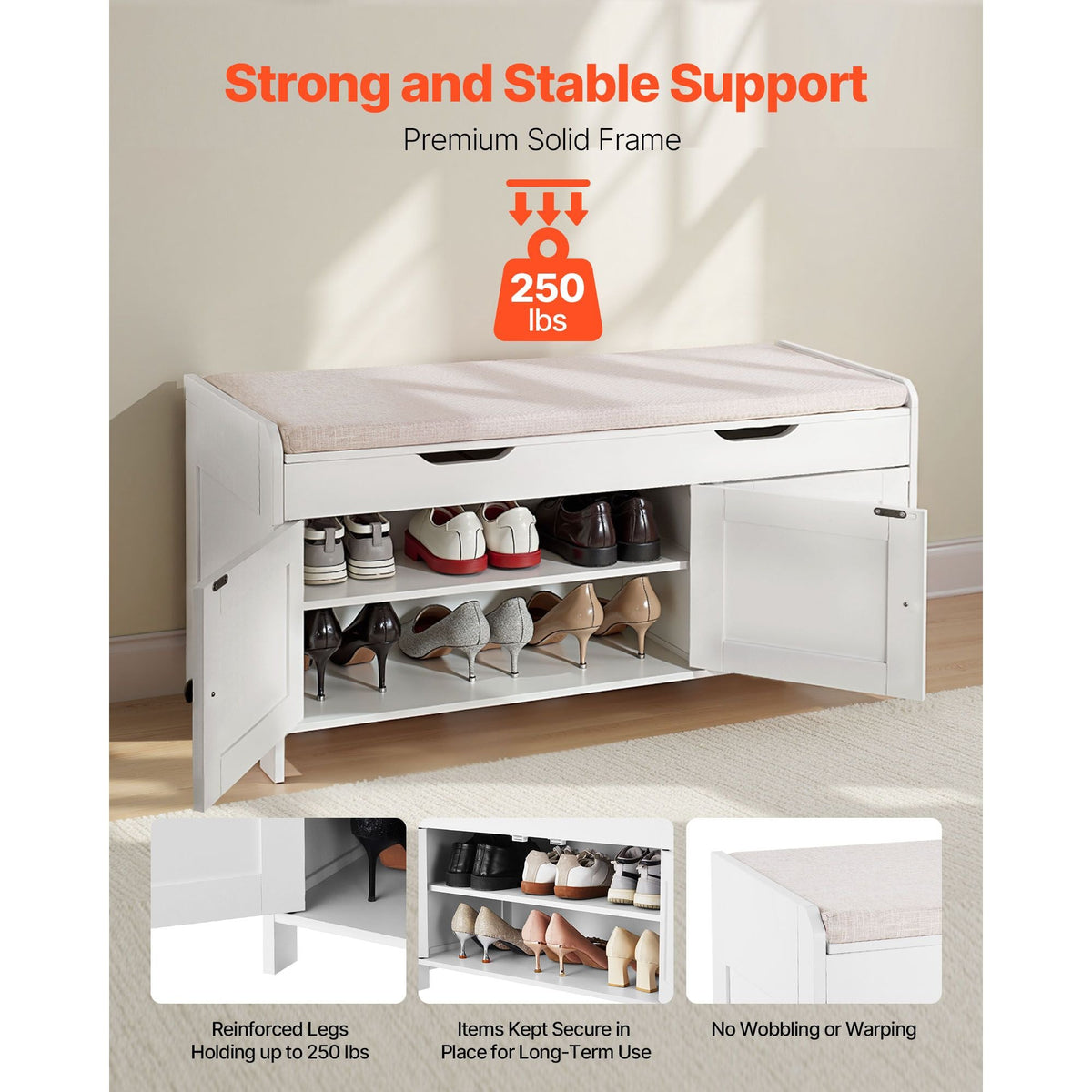 Shoe Bench, 41.3 x 13.8 x 19.8 Inch Entryway Bench with Lift Top Storage and Seat Cushion, 250lbs Shoe Rack with 3 Cabinets and Height Adjustable Shelf, for Bedroom, Hallway, White + Black