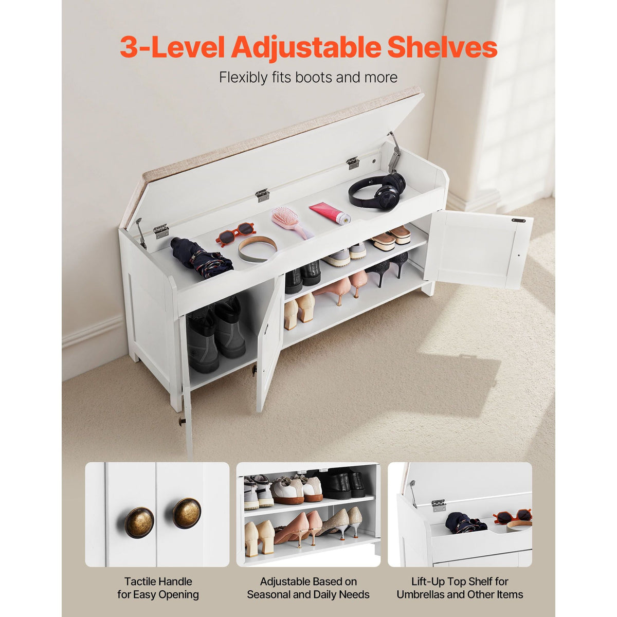 Shoe Bench, 41.3 x 13.8 x 19.8 Inch Entryway Bench with Lift Top Storage and Seat Cushion, 250lbs Shoe Rack with 3 Cabinets and Height Adjustable Shelf, for Bedroom, Hallway, White + Black