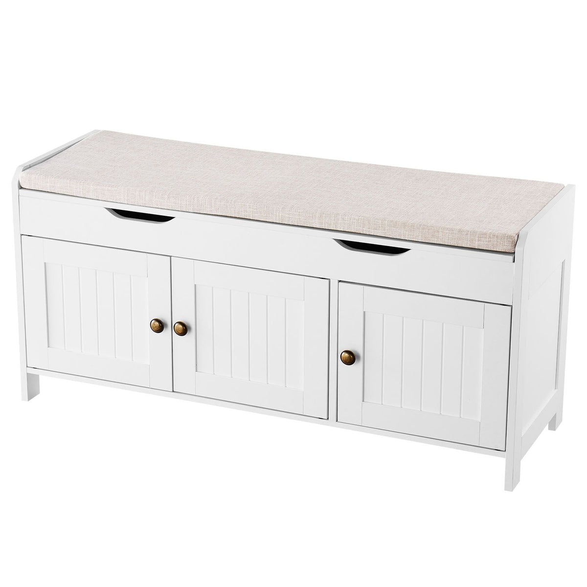 Shoe Bench, 41.3 x 13.8 x 19.8 Inch Entryway Bench with Lift Top Storage and Seat Cushion, 250lbs Shoe Rack with 3 Cabinets and Height Adjustable Shelf, for Bedroom, Hallway, White + Black