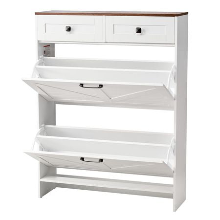 Shoe Cabinet with 2 Flip Drawers, Farmhouse Shoes Storage Cabinet with 2 Drawers and Anti-Tipping Device, Freestanding Shoe Organizer Ideal for Entryway, Hallway, Bedroom, Living Room, White