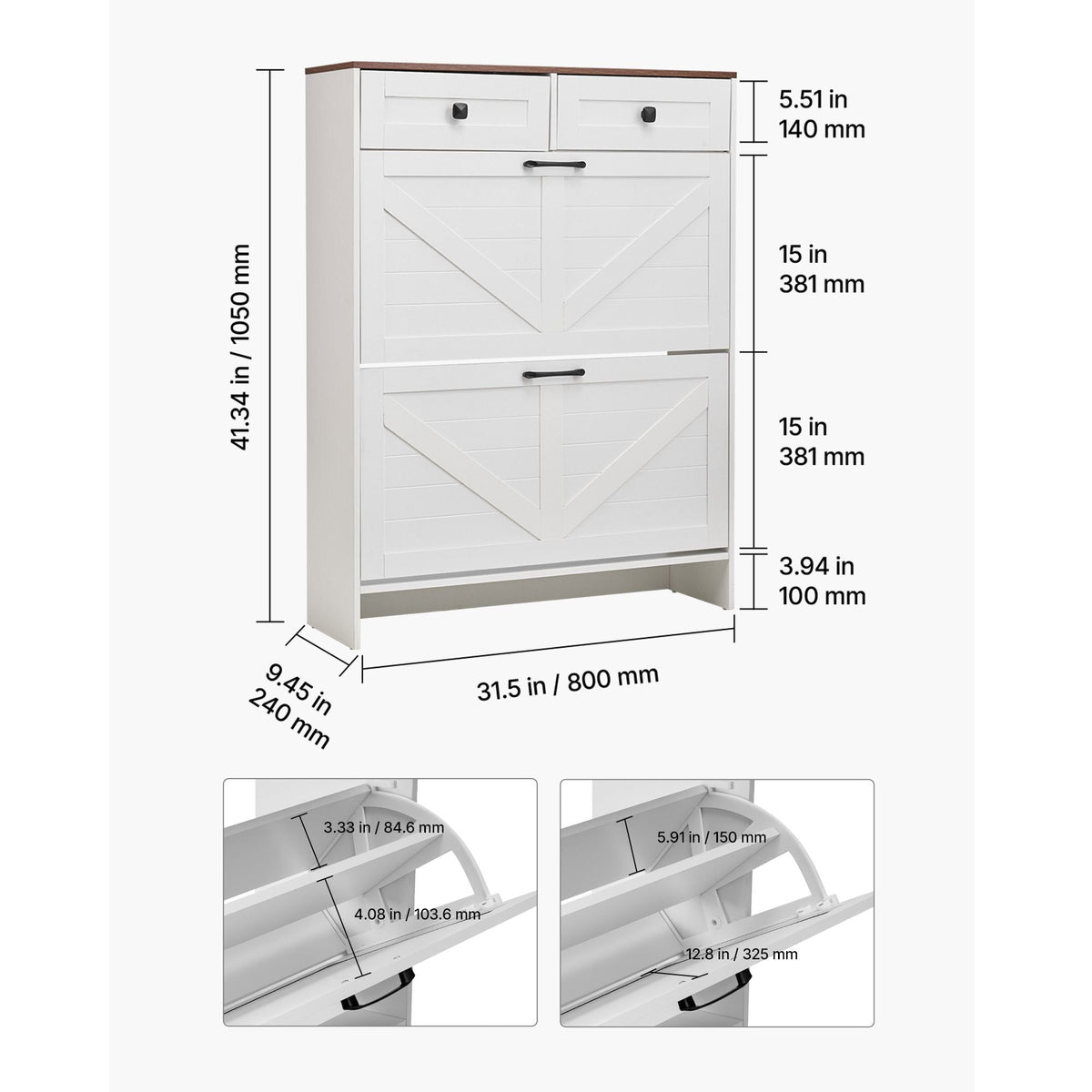 Shoe Cabinet with 2 Flip Drawers, Farmhouse Shoes Storage Cabinet with 2 Drawers and Anti-Tipping Device, Freestanding Shoe Organizer Ideal for Entryway, Hallway, Bedroom, Living Room, White