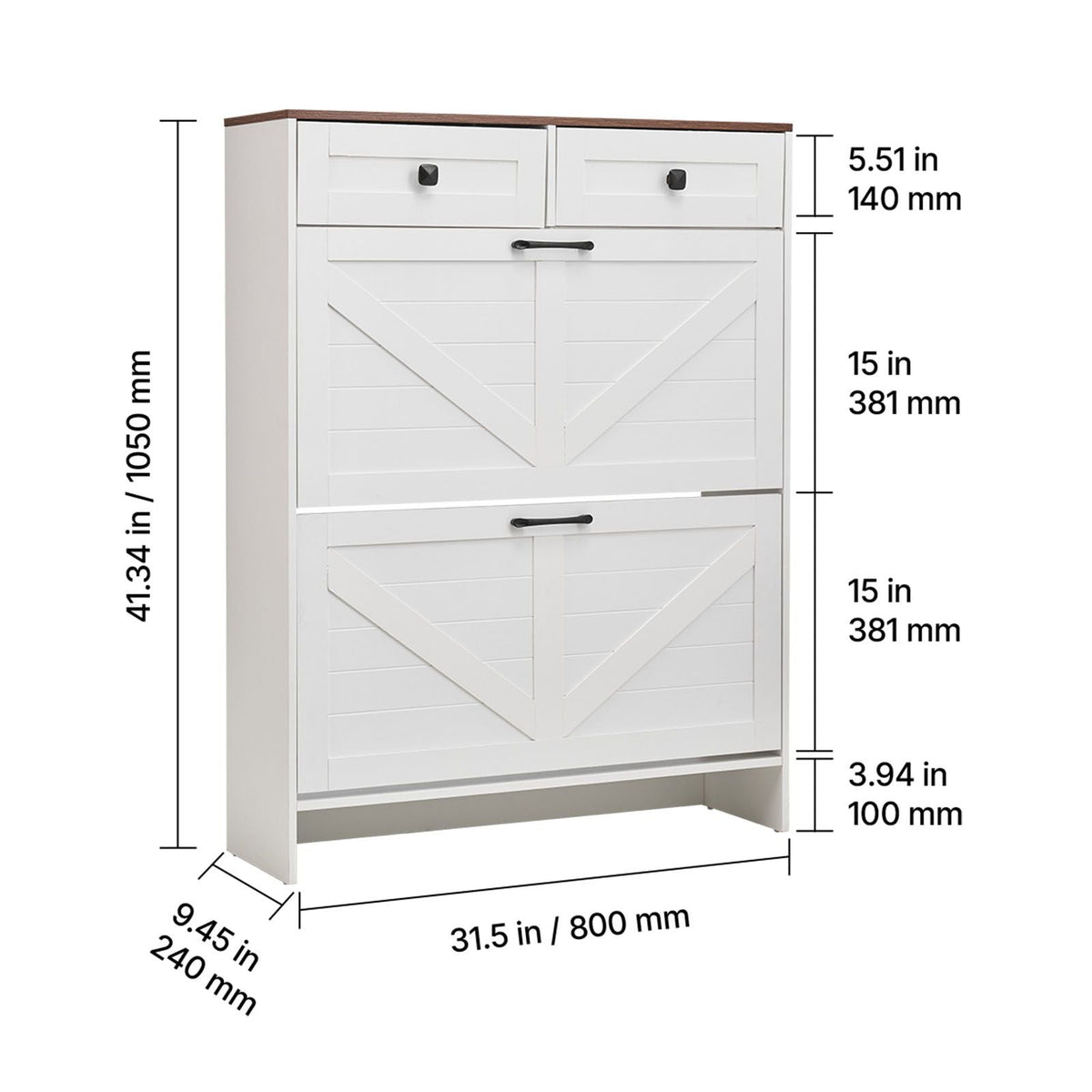 Shoe Cabinet with 2 Flip Drawers, Farmhouse Shoes Storage Cabinet with 2 Drawers and Anti-Tipping Device, Freestanding Shoe Organizer Ideal for Entryway, Hallway, Bedroom, Living Room, White
