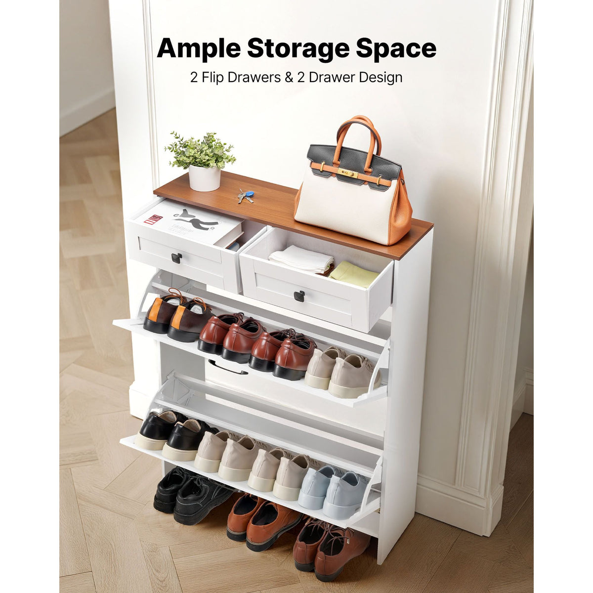 Shoe Cabinet with 2 Flip Drawers, Farmhouse Shoes Storage Cabinet with 2 Drawers and Anti-Tipping Device, Freestanding Shoe Organizer Ideal for Entryway, Hallway, Bedroom, Living Room, White