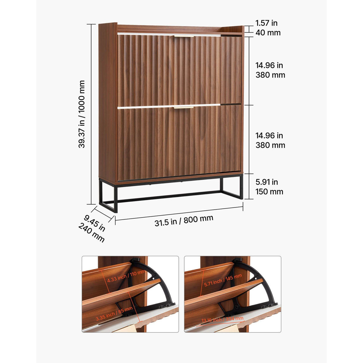 Shoe Cabinet with 2 Flip Drawers, Mid-Century Shoes Storage Cabinet with Anti-Tipping Device, Freestanding Fluted Shoe Organizer, Ideal for Entrance, Hallway, Bedroom, Living Room, Walnut