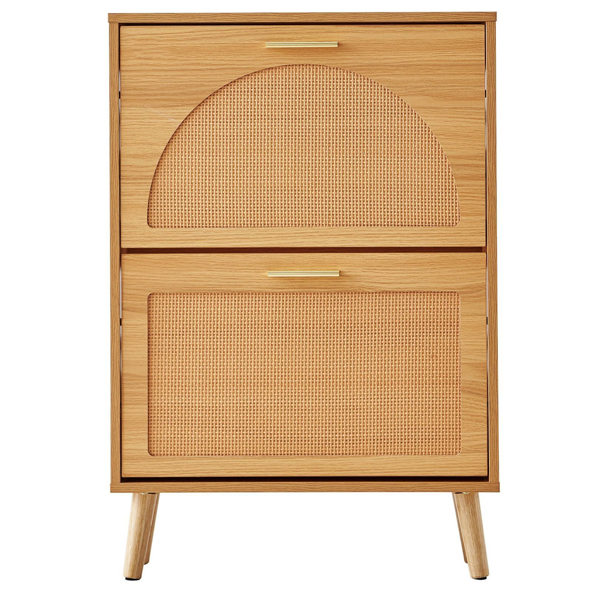 Shoe Cabinet with 2 Flip Drawers, Shoe Storage Cabinet for Entryway, Free Standing Shoe Storage Organizer with Rattan Doors for Heels, Boots, Slippers in Hallway, Living Room