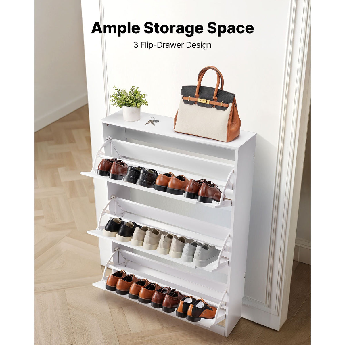 Shoe Cabinet with 3 Flip Drawers, Modern Shoes Storage Cabinet with Anti-Tipping Device, Freestanding Shoe Rack Organizer, Ideal for Entryway, Hallway, Bedroom, Living Room, Closet, White
