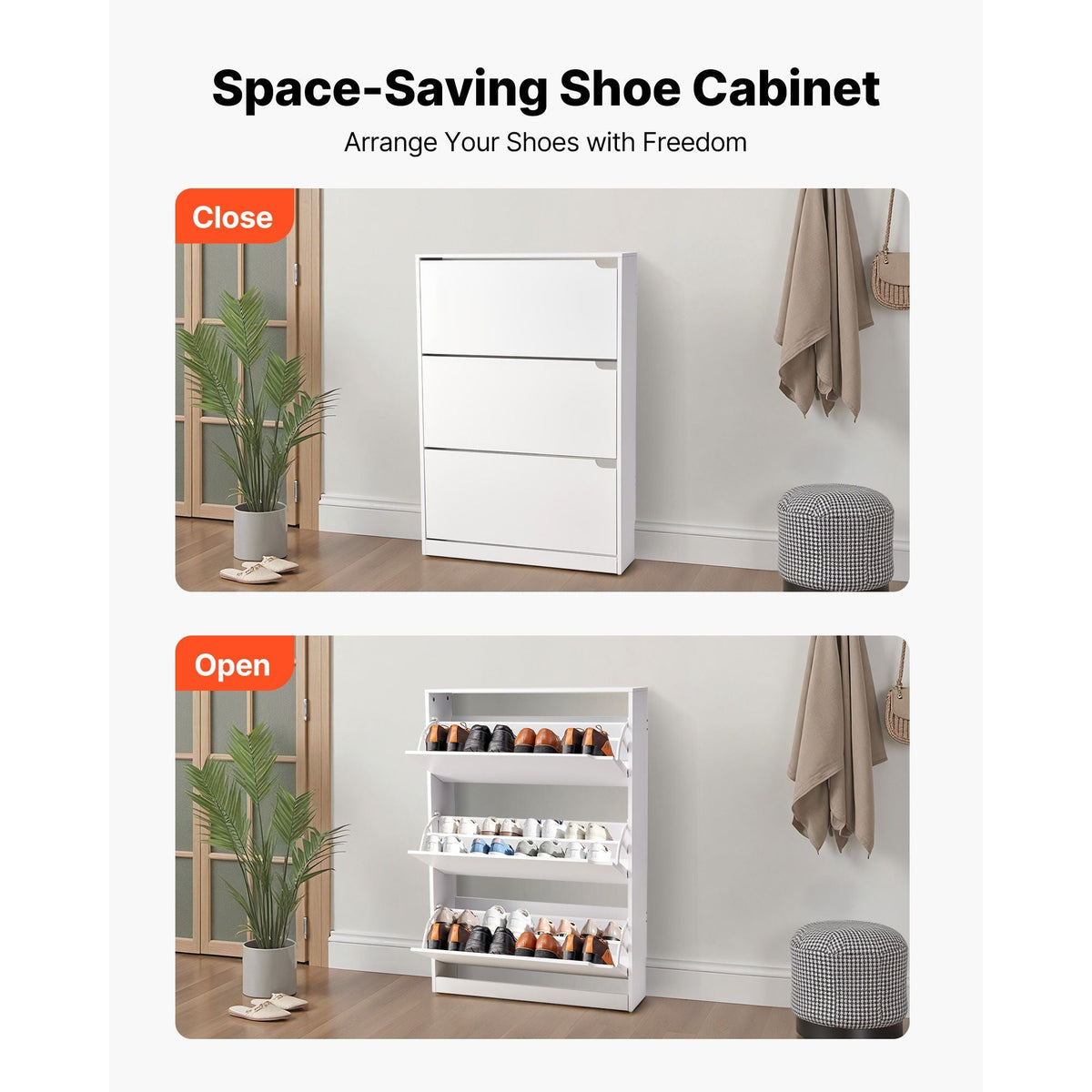Shoe Cabinet with 3 Flip Drawers, Modern Shoes Storage Cabinet with Anti-Tipping Device, Freestanding Shoe Rack Organizer, Ideal for Entryway, Hallway, Bedroom, Living Room, Closet, White