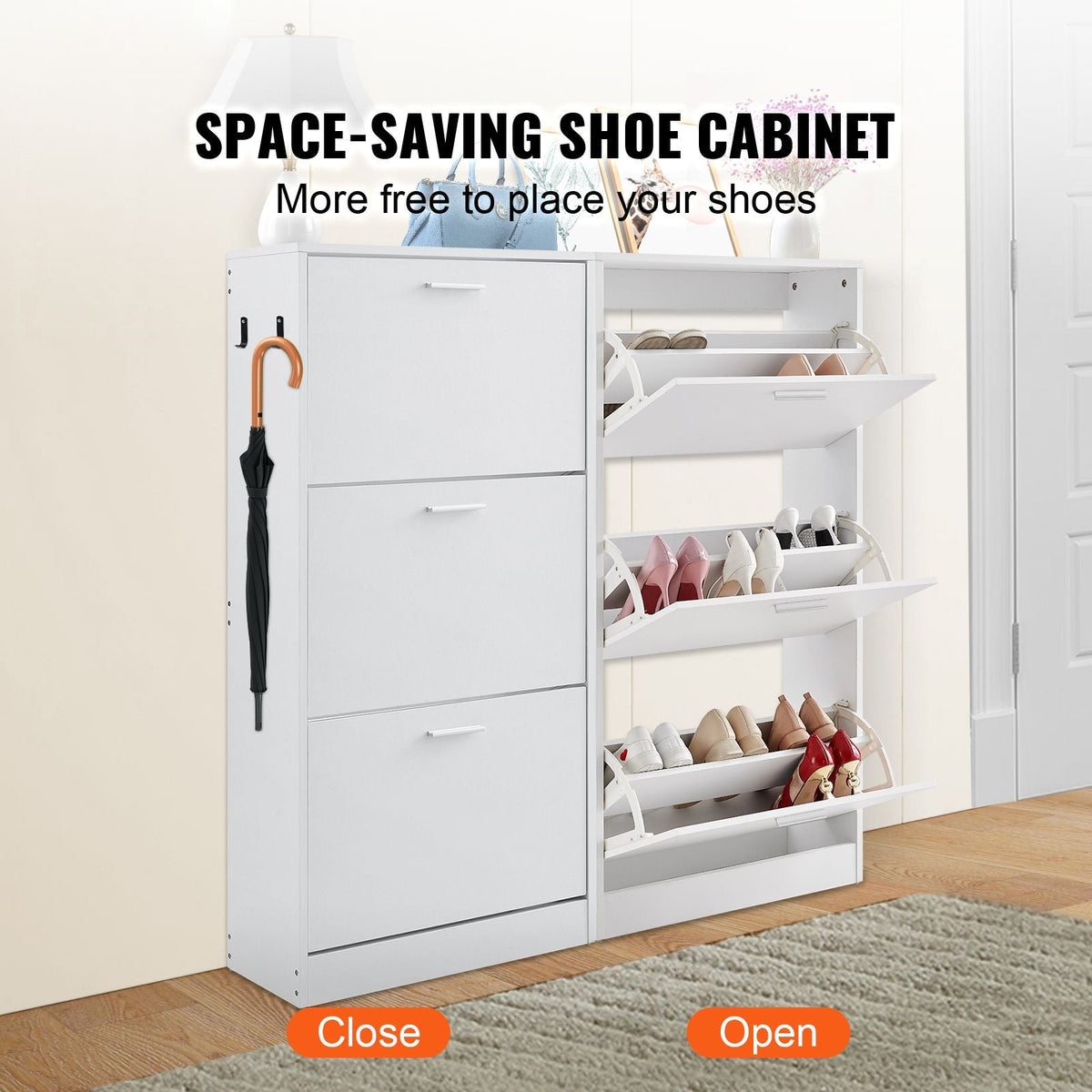 Shoe Cabinet with 3 Flip Drawers, Shoe Storage Cabinet for Entryway, Free Standing Shoe Storage Organizer with Side Hooks for Heels, Boots, Slippers in Hallway, Living Room