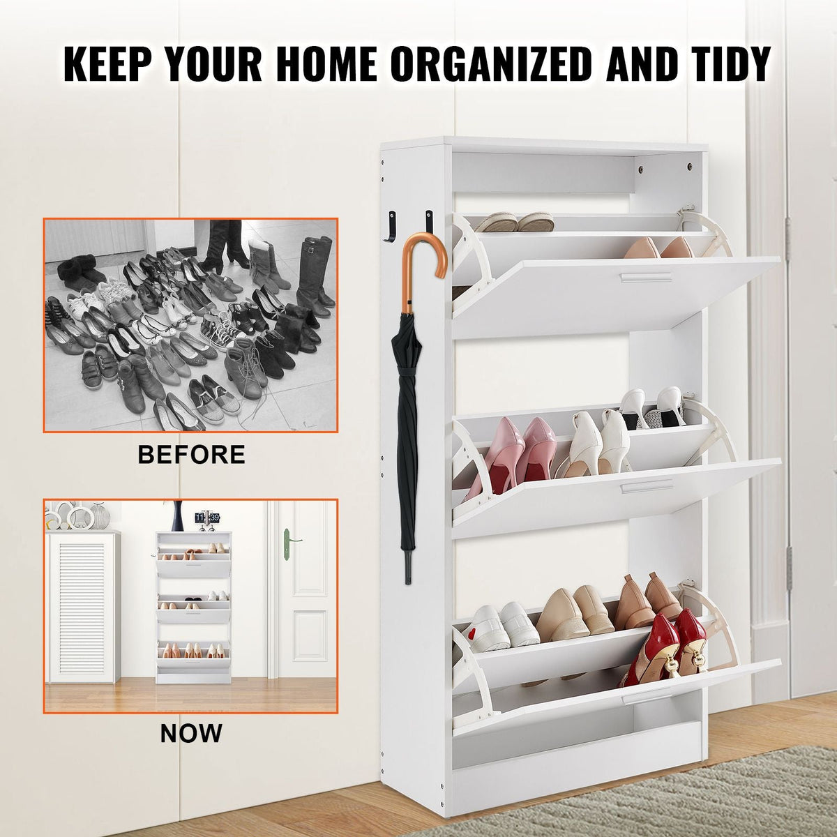 Shoe Cabinet with 3 Flip Drawers, Shoe Storage Cabinet for Entryway, Free Standing Shoe Storage Organizer with Side Hooks for Heels, Boots, Slippers in Hallway, Living Room