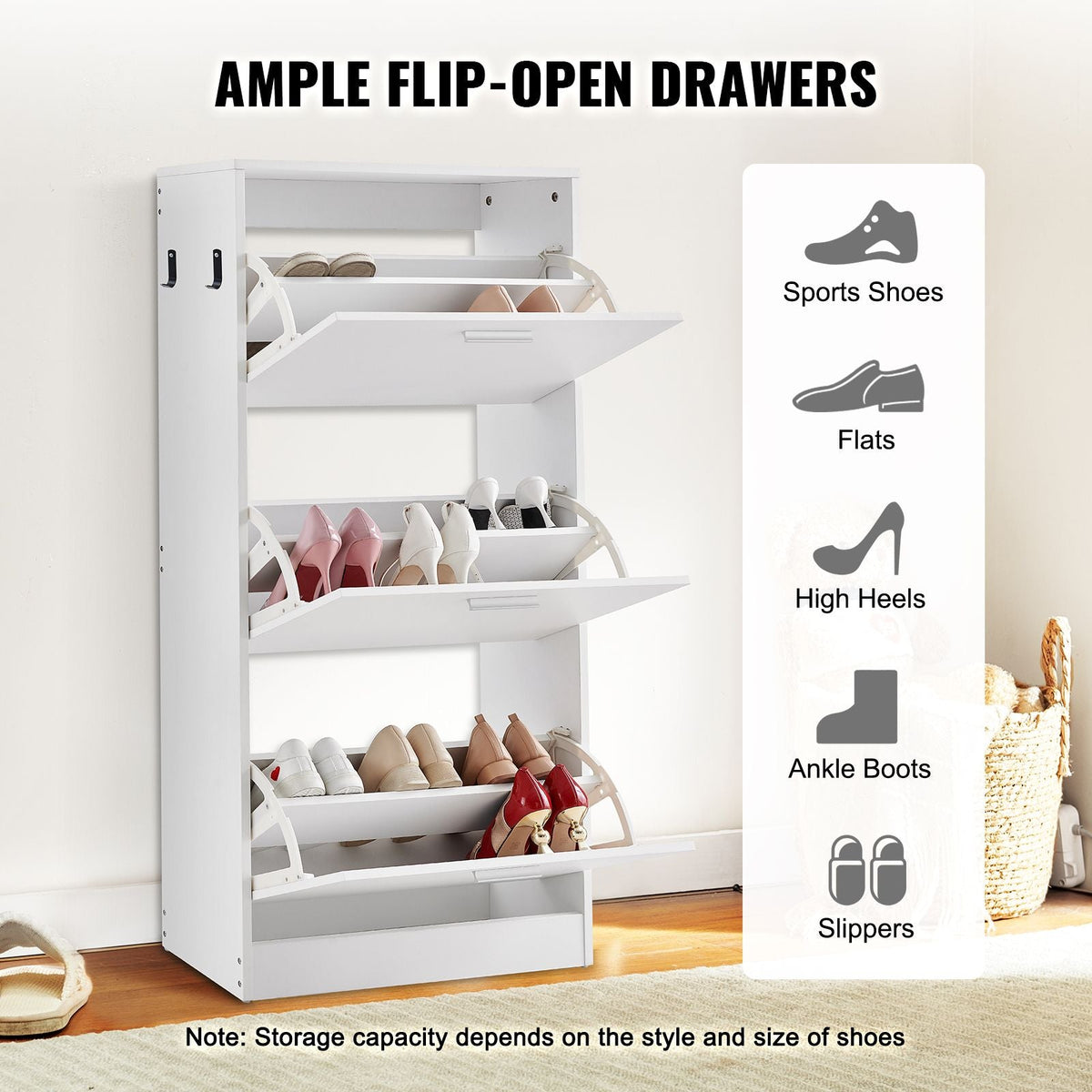 Shoe Cabinet with 3 Flip Drawers, Shoe Storage Cabinet for Entryway, Free Standing Shoe Storage Organizer with Side Hooks for Heels, Boots, Slippers in Hallway, Living Room