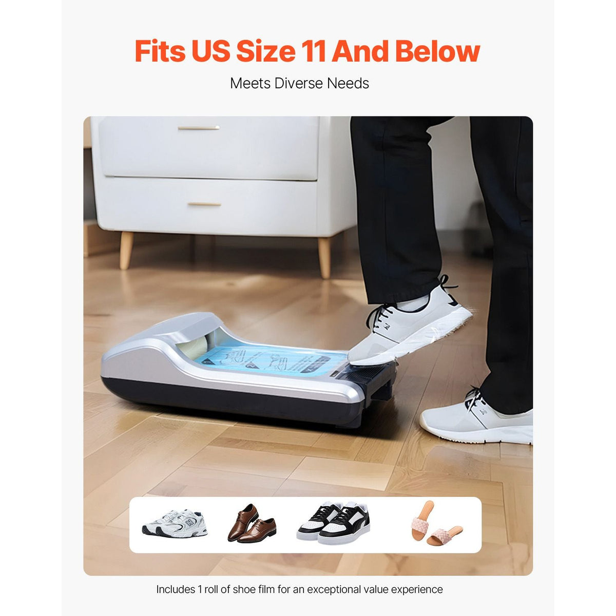 Shoe Cover Dispenser, Automatic Shoe Film Machine with 1 Roll (600 Pcs) of Non-Slip Disposable Sole Membrane, Fits Size Up to US 11, for Home, Office, Lab, Factory, Hospital, Indoor Use, Silver