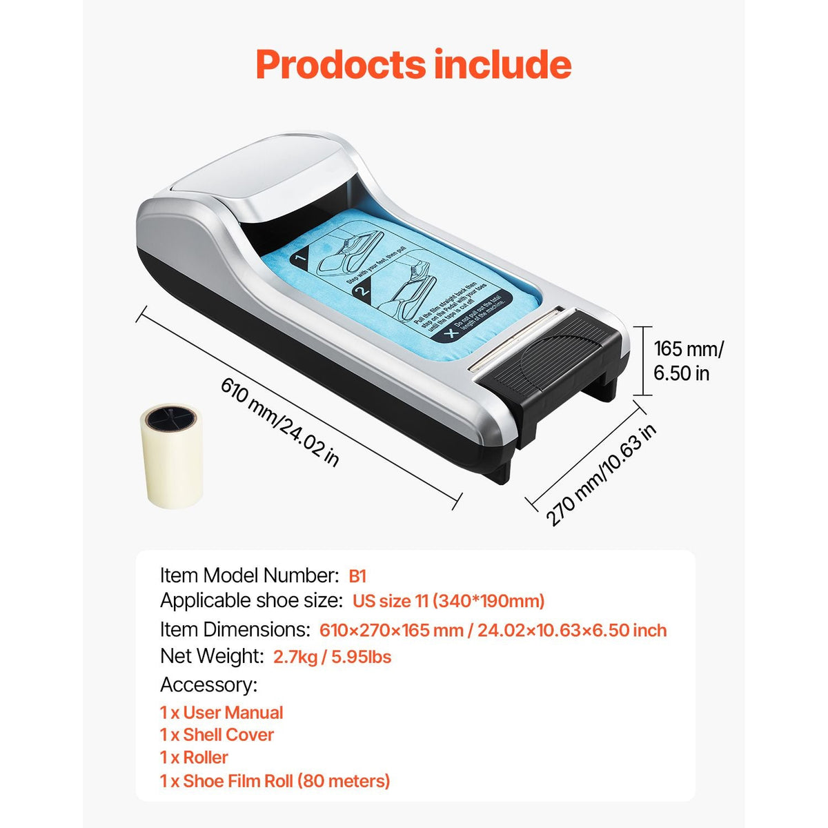 Shoe Cover Dispenser, Automatic Shoe Film Machine with 1 Roll (600 Pcs) of Non-Slip Disposable Sole Membrane, Fits Size Up to US 11, for Home, Office, Lab, Factory, Hospital, Indoor Use, Silver
