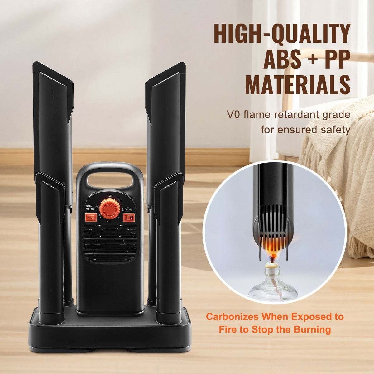 Shoe Dryer with Timer, Detachable 4 Tubes Boot Dryers with V0-Rated Fire-Retardant Materials, Quick Drying for Work Boots, Sneakers, Gloves, Helmets, Black & Orange