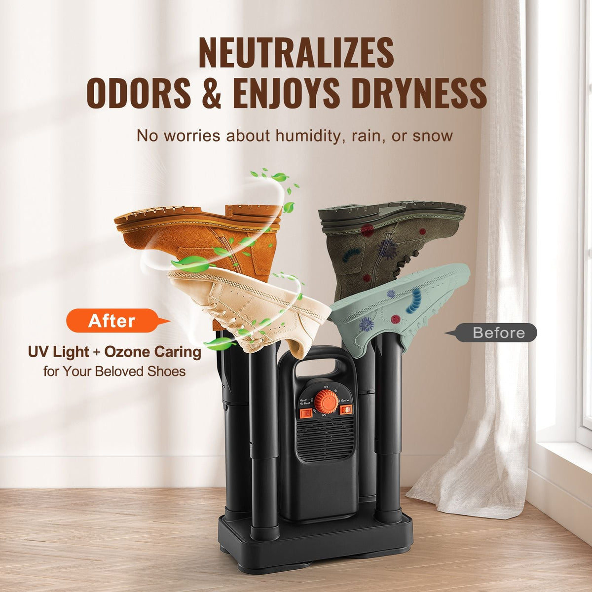 Shoe Dryer with Timer, Detachable 4 Tubes Boot Dryers with V0-Rated Fire-Retardant Materials, Quick Drying for Work Boots, Sneakers, Gloves, Helmets, Black & Orange