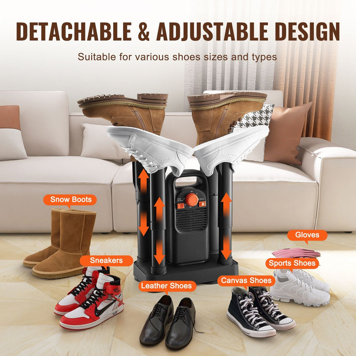 Shoe Dryer with Timer, Detachable 4 Tubes Boot Dryers with V0-Rated Fire-Retardant Materials, Quick Drying for Work Boots, Sneakers, Gloves, Helmets, Black & Orange