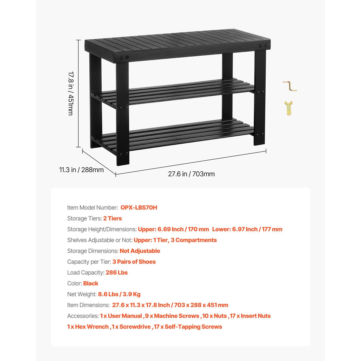 Shoe Rack Bench, 3-Tier Bamboo Entryway Bench, Shoe Storage Organizer Holds Up to 286 lbs, 27.6 x 11.3 x 17.8 Inches, for Front Door, Hallway, Living Room, Bedroom, Black