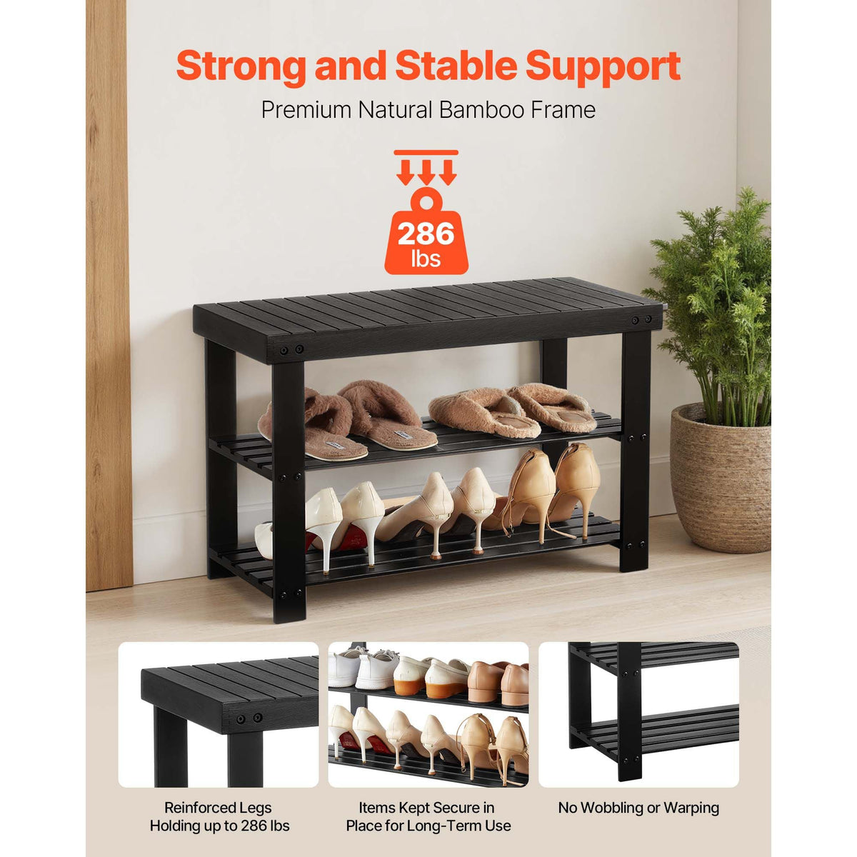 Shoe Rack Bench, 3-Tier Bamboo Entryway Bench, Shoe Storage Organizer Holds Up to 286 lbs, 27.6 x 11.3 x 17.8 Inches, for Front Door, Hallway, Living Room, Bedroom, Black