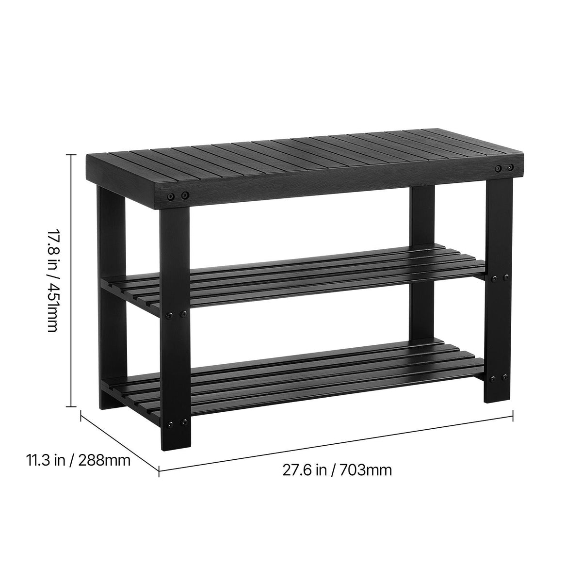 Shoe Rack Bench, 3-Tier Bamboo Entryway Bench, Shoe Storage Organizer Holds Up to 286 lbs, 27.6 x 11.3 x 17.8 Inches, for Front Door, Hallway, Living Room, Bedroom, Black
