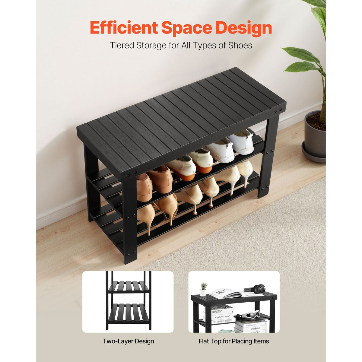 Shoe Rack Bench, 3-Tier Bamboo Entryway Bench, Shoe Storage Organizer Holds Up to 286 lbs, 27.6 x 11.3 x 17.8 Inches, for Front Door, Hallway, Living Room, Bedroom, Black