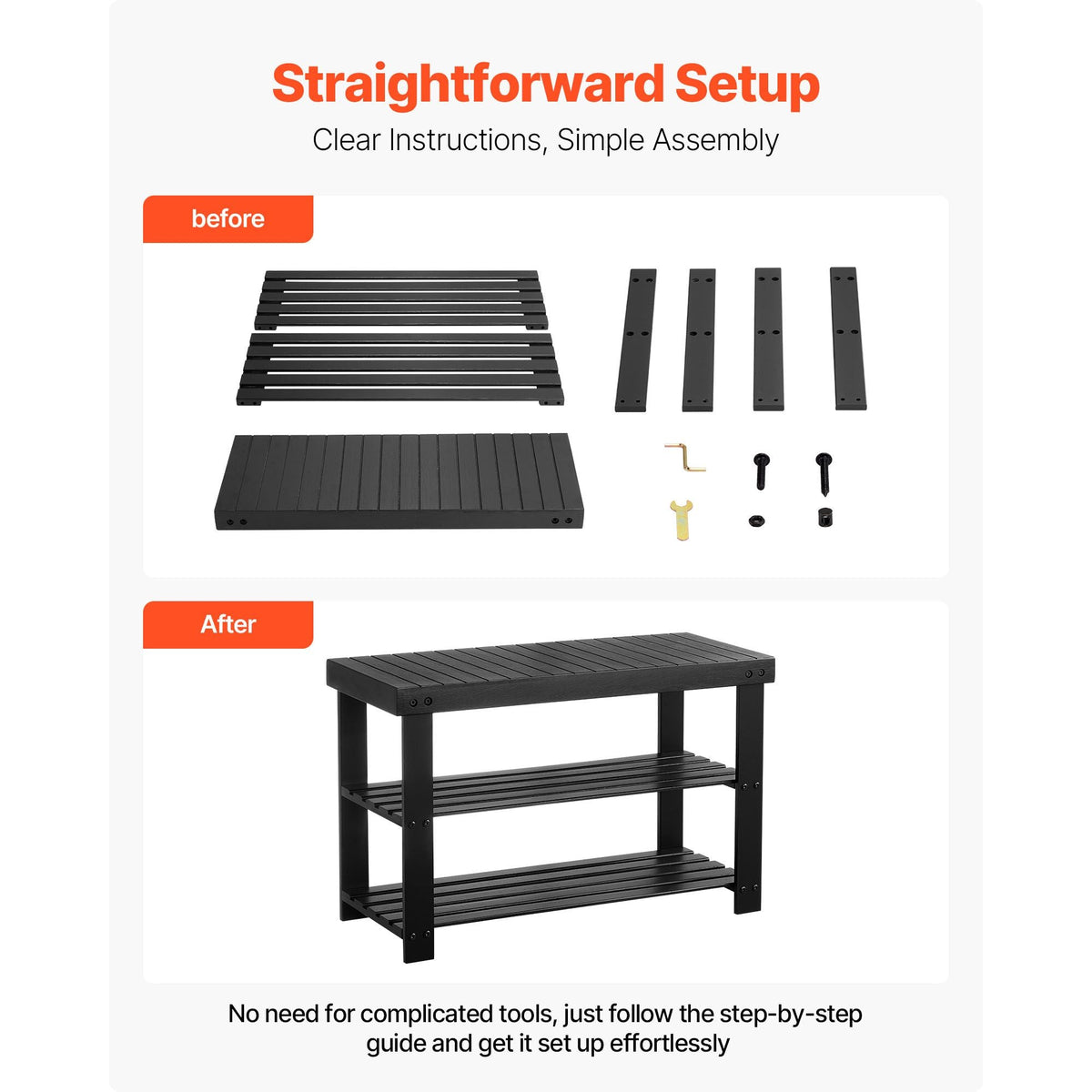 Shoe Rack Bench, 3-Tier Bamboo Entryway Bench, Shoe Storage Organizer Holds Up to 286 lbs, 27.6 x 11.3 x 17.8 Inches, for Front Door, Hallway, Living Room, Bedroom, Black