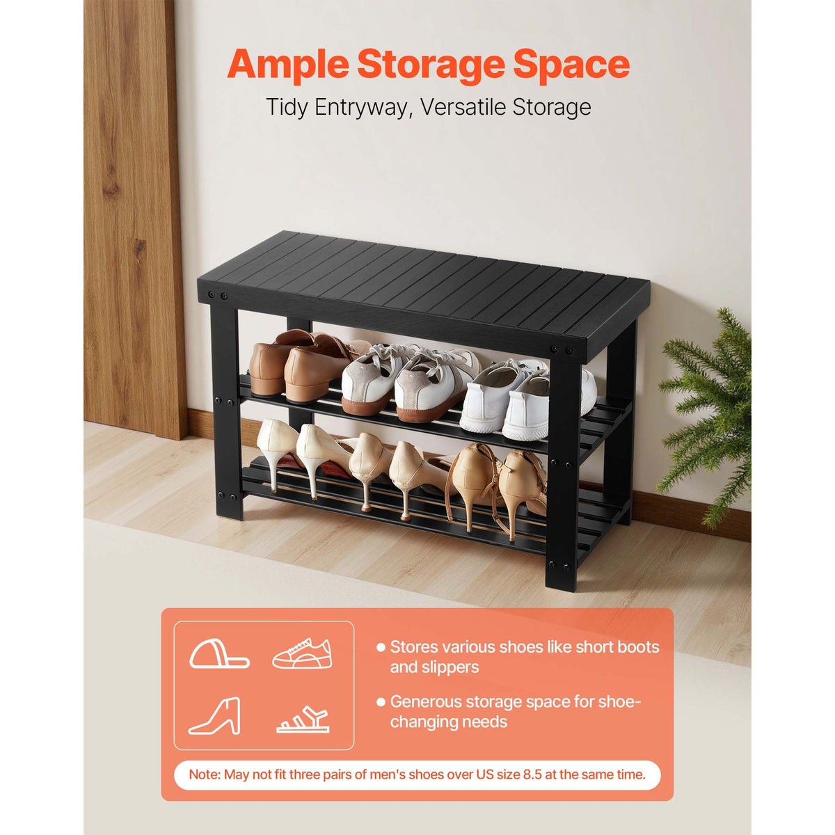 Shoe Rack Bench, 3-Tier Bamboo Entryway Bench, Shoe Storage Organizer Holds Up to 286 lbs, 27.6 x 11.3 x 17.8 Inches, for Front Door, Hallway, Living Room, Bedroom, Black