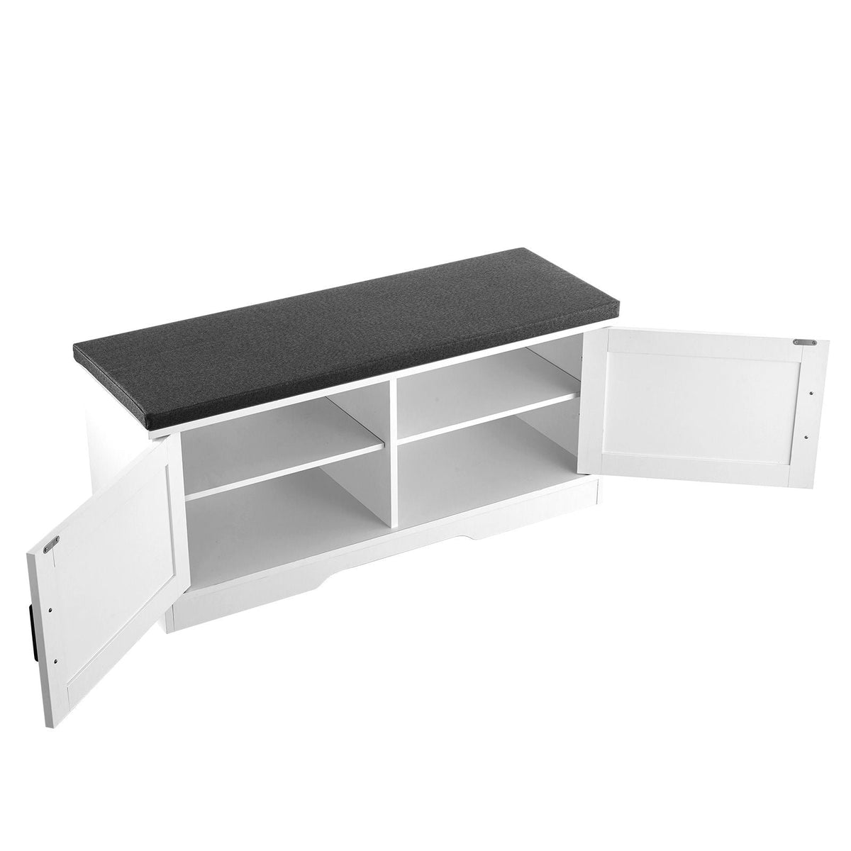 Shoe Storage Bench, 39.4 x 14.0 x 18.1 Inch Shoe Organizer with Padded Seat Cushion, Entryway Bench with 2 Barn Doors and Height Adjustable Shelf, for Hallway, Living Room, Bedroom, White+Black
