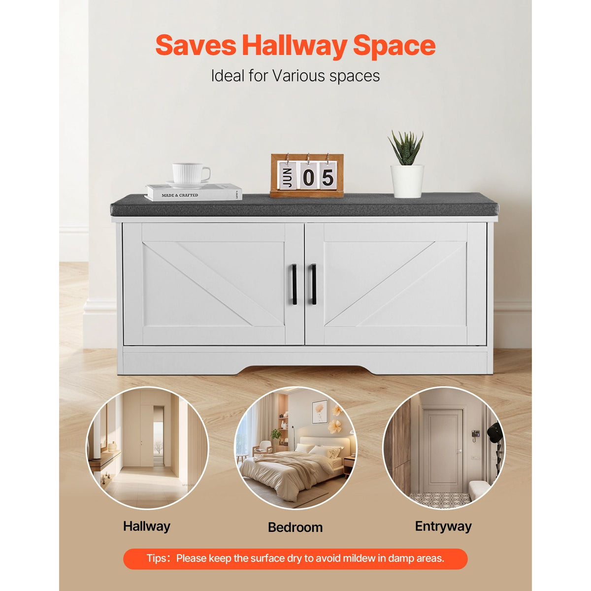 Shoe Storage Bench, 39.4 x 14.0 x 18.1 Inch Shoe Organizer with Padded Seat Cushion, Entryway Bench with 2 Barn Doors and Height Adjustable Shelf, for Hallway, Living Room, Bedroom, White+Black