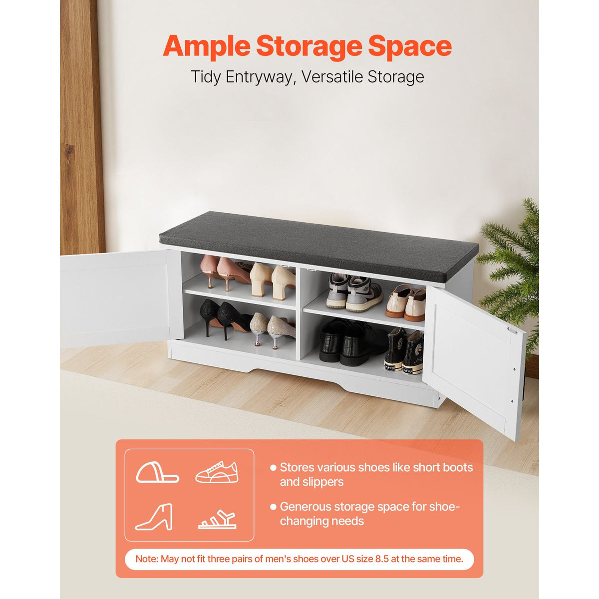 Shoe Storage Bench, 39.4 x 14.0 x 18.1 Inch Shoe Organizer with Padded Seat Cushion, Entryway Bench with 2 Barn Doors and Height Adjustable Shelf, for Hallway, Living Room, Bedroom, White+Black