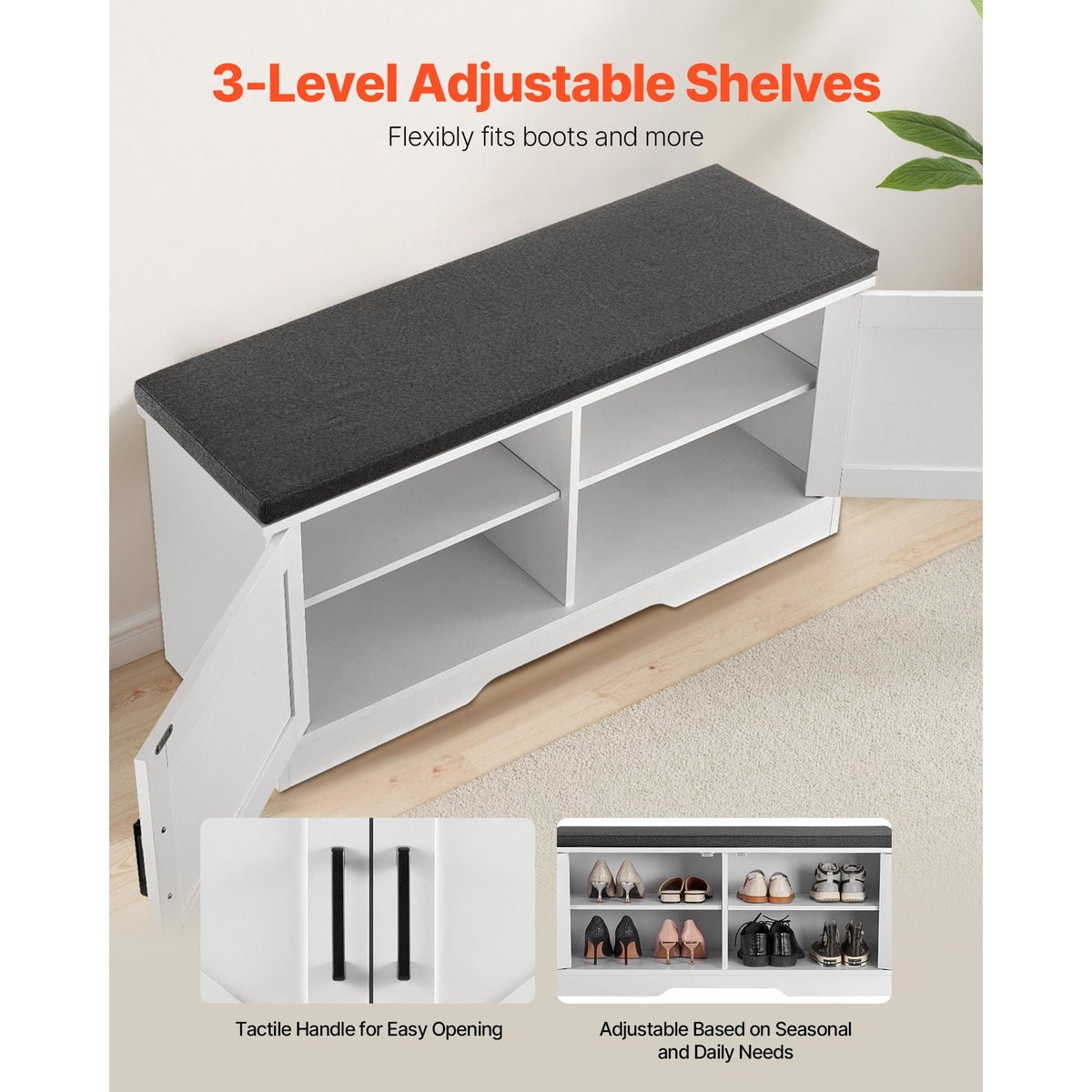 Shoe Storage Bench, 39.4 x 14.0 x 18.1 Inch Shoe Organizer with Padded Seat Cushion, Entryway Bench with 2 Barn Doors and Height Adjustable Shelf, for Hallway, Living Room, Bedroom, White+Black