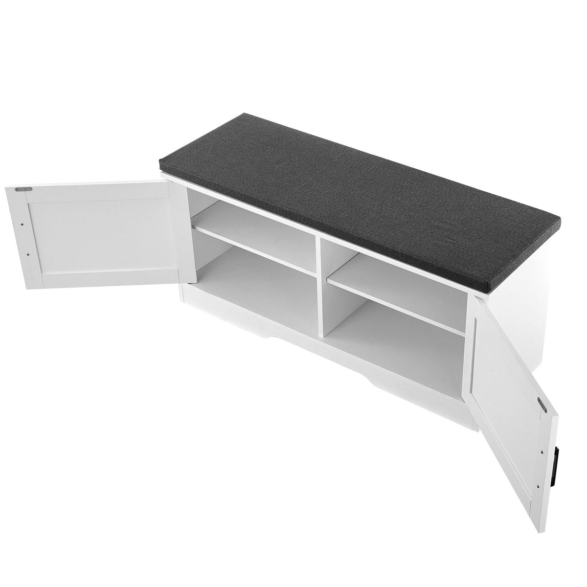 Shoe Storage Bench, 39.4 x 14.0 x 18.1 Inch Shoe Organizer with Padded Seat Cushion, Entryway Bench with 2 Barn Doors and Height Adjustable Shelf, for Hallway, Living Room, Bedroom, White+Black