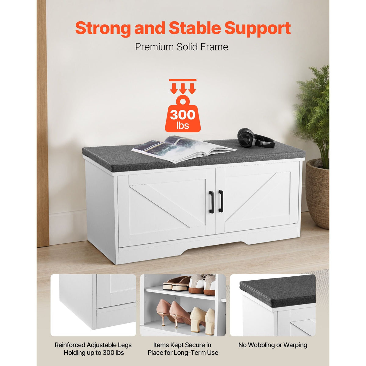 Shoe Storage Bench, 39.4 x 14.0 x 18.1 Inch Shoe Organizer with Padded Seat Cushion, Entryway Bench with 2 Barn Doors and Height Adjustable Shelf, for Hallway, Living Room, Bedroom, White+Black