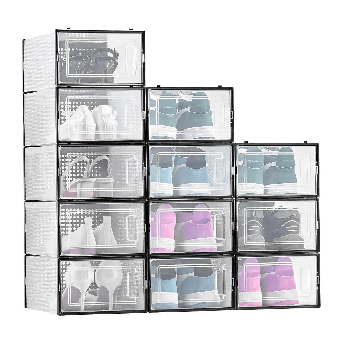 Shoe Storage Boxes, 12 Pack Stackable Shoe Boxes Storage Organizers, Fit up to US Size 11, Plastic Modular Space Saving Sneaker Containers for Storing High Heels, Boots, and Hats, Black Frame