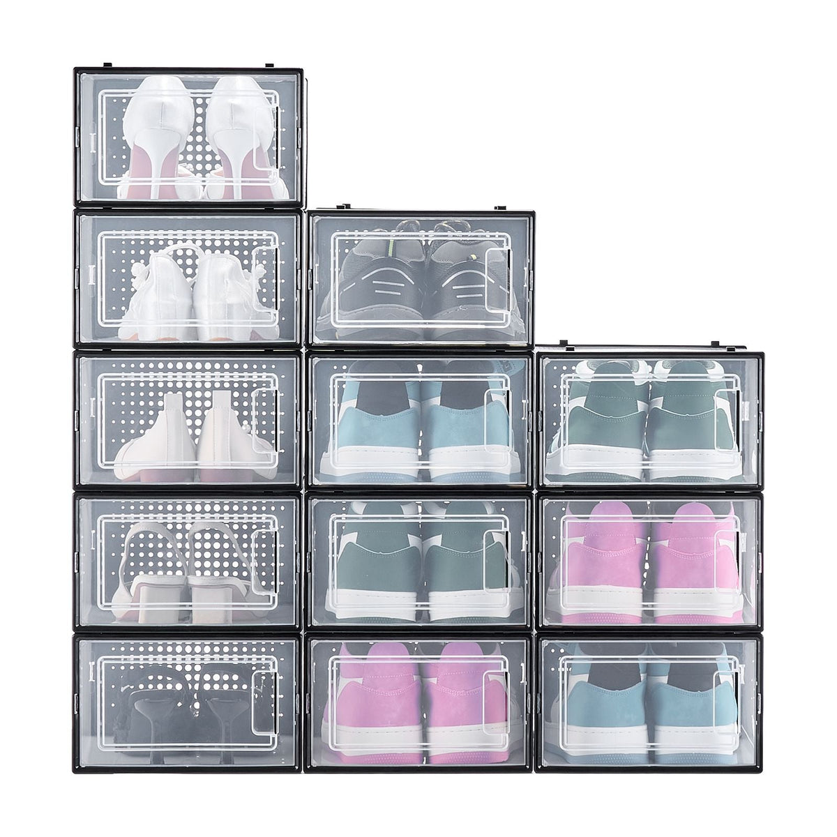 Shoe Storage Boxes, 12 Pack Stackable Shoe Boxes Storage Organizers, Fit up to US Size 11, Plastic Modular Space Saving Sneaker Containers for Storing High Heels, Boots, and Hats, Black Frame