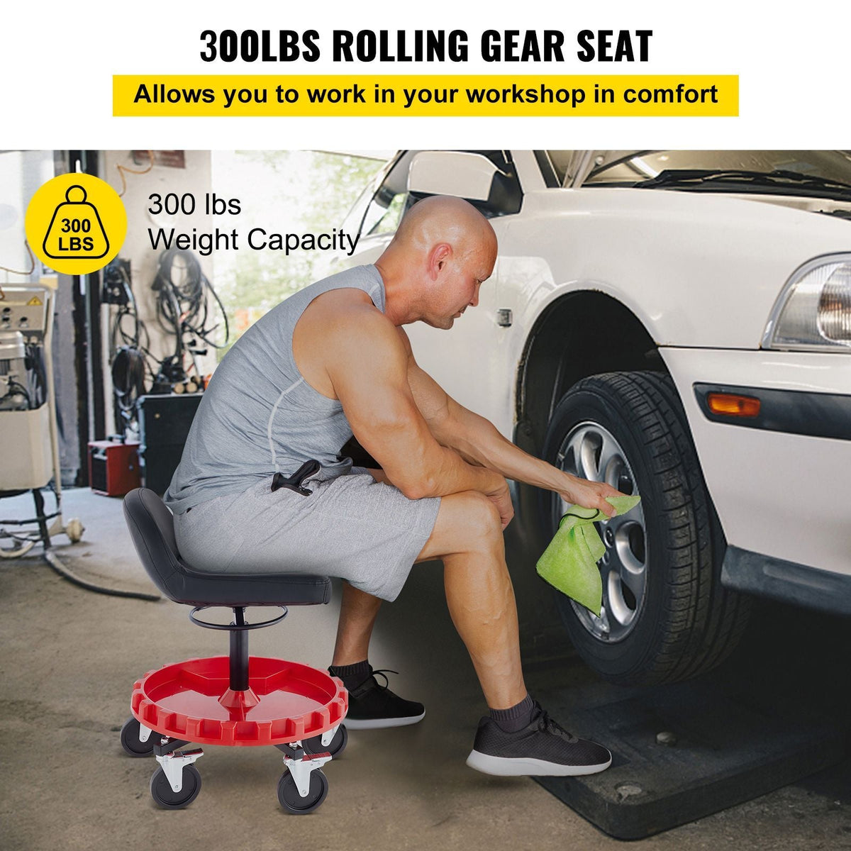 Shop Stool, 300 LBS Rolling Garage Stool, 22' to 26' Adjustable Height Mobile Rolling Gear Seat, Round Tray Garage Pneumatic Stool, All-Terrain 5\" Casters with Two Brakes Mechanic Seat