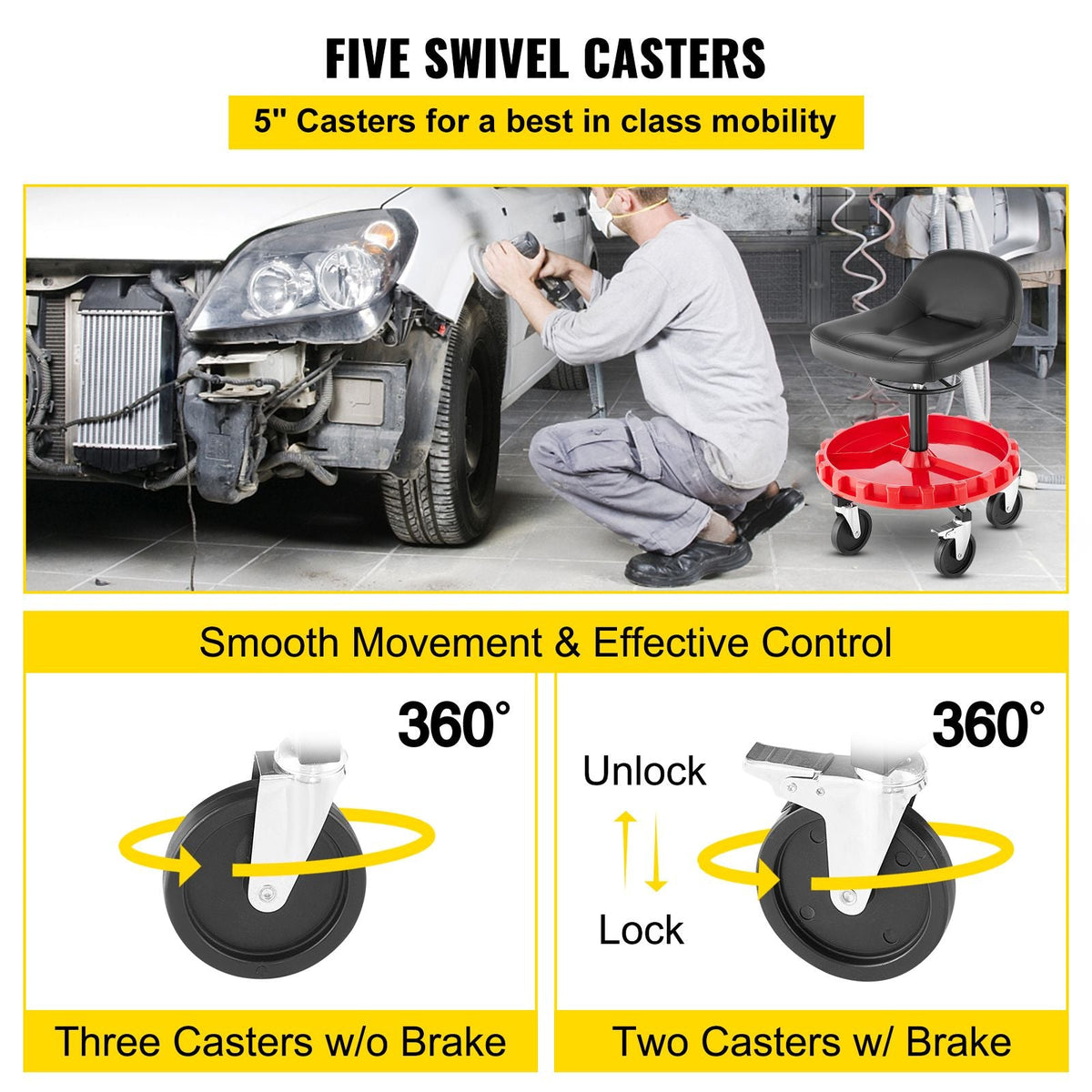 Shop Stool, 300 LBS Rolling Garage Stool, 22' to 26' Adjustable Height Mobile Rolling Gear Seat, Round Tray Garage Pneumatic Stool, All-Terrain 5\" Casters with Two Brakes Mechanic Seat