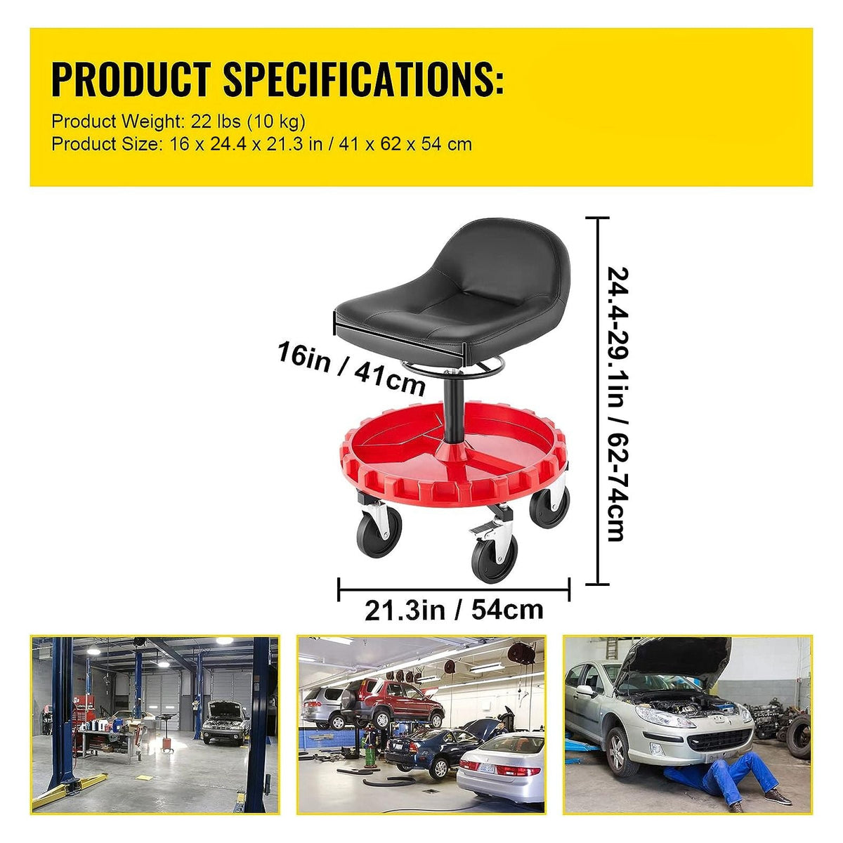 Shop Stool, 300 LBS Rolling Garage Stool, 22' to 26' Adjustable Height Mobile Rolling Gear Seat, Round Tray Garage Pneumatic Stool, All-Terrain 5\" Casters with Two Brakes Mechanic Seat