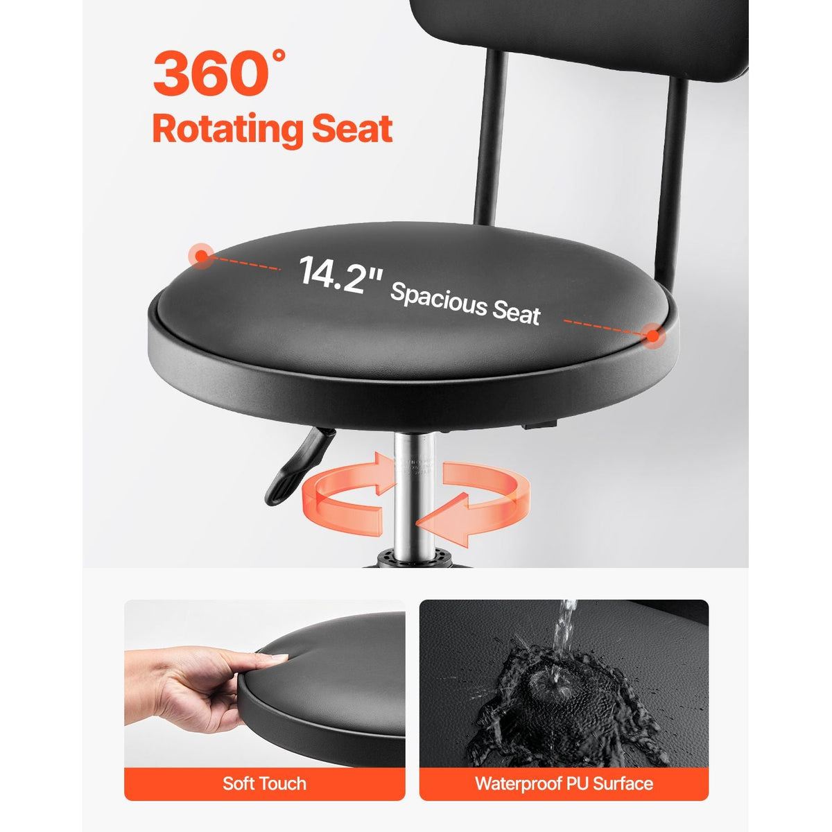 Shop Stool with Backrest, Pneumatic Garage Seat/Work Stool with 300 lbs Capacity, Adjustable Height Roller Creeper Seat, 360° Swivel Padded Workshop Stool, for Garage, Shop & Auto Repair, Black